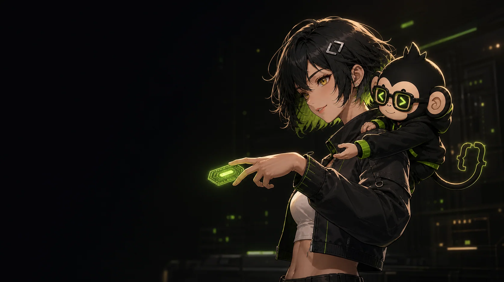 MonkeyCode 女性工程师与肩上的代码眼镜猴子交接发光任务芯片